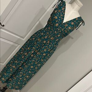 Teal Floral Midi Dress with Tie Straps